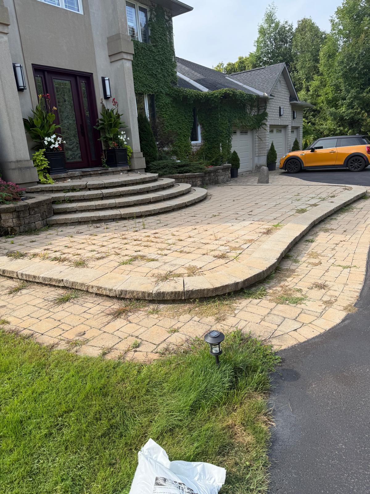 Tired Ottawa front entrance with sunken pavers and weeds before rebuild